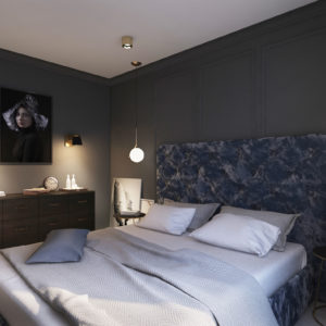 sypialnia w ciemnym kolorze z dekoracyjną sztukaterią