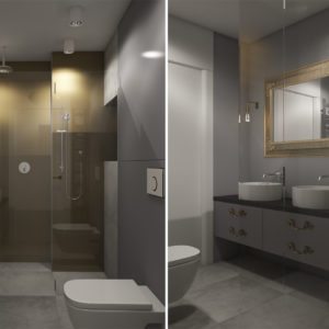 łazienka ze złotymi płytkami pod prysznicem i lustrem w zdobionej ramie